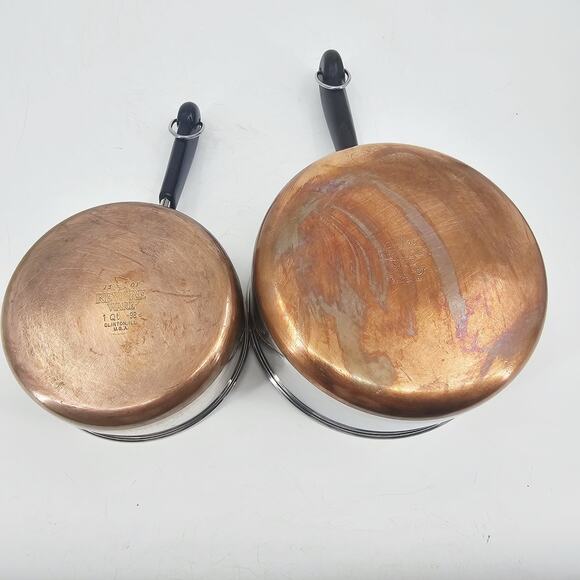 2 Vintage Revere Ware 1950's Copper 1 Qt & 2 Qt Pots With Handle & Ring NO LIDS - Picture 5 of 12
